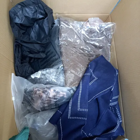 BOX OF ASSORTED CLOTHING ITEMS TOO INCLUDE JUMPERS, SHIRTS AND TROUSERS IN VARIOUS SIZES AND COLOURS   