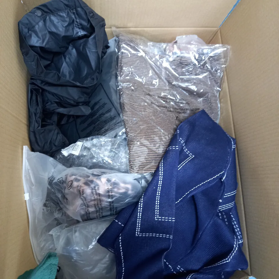 BOX OF ASSORTED CLOTHING ITEMS TOO INCLUDE JUMPERS, SHIRTS AND TROUSERS IN VARIOUS SIZES AND COLOURS