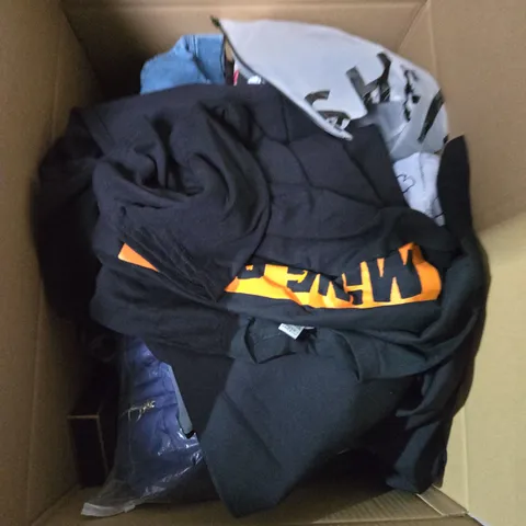 LARGE BOX OF ASSORTED CLOTHING ITEMS IN VARIOUS SIZES, STYLES AND COLOUR 