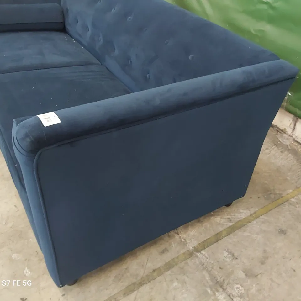 DESIGNER METAL ACTION SOFABED WITH ROLL BOLSTER CUSHIONS NAVY BLUE PLUSH FABRIC 