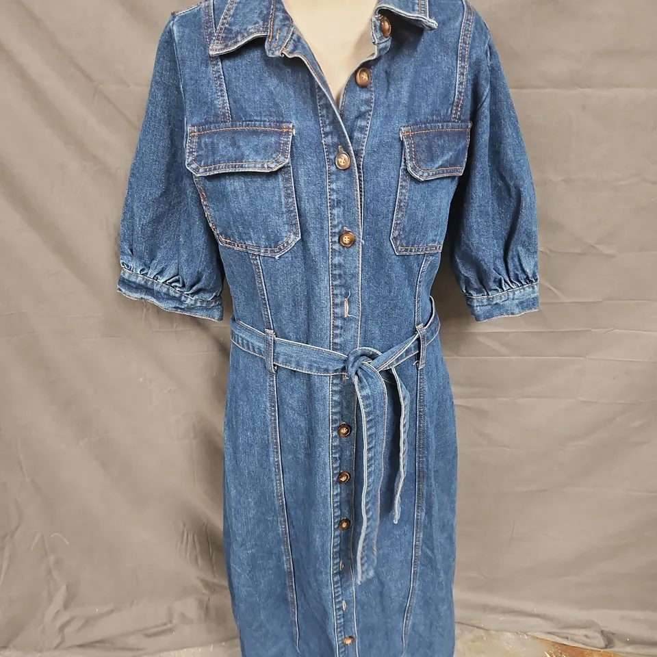 WAREHOUSE DENIM BELTED MIDI DRESS IN BLUE SIZE 14