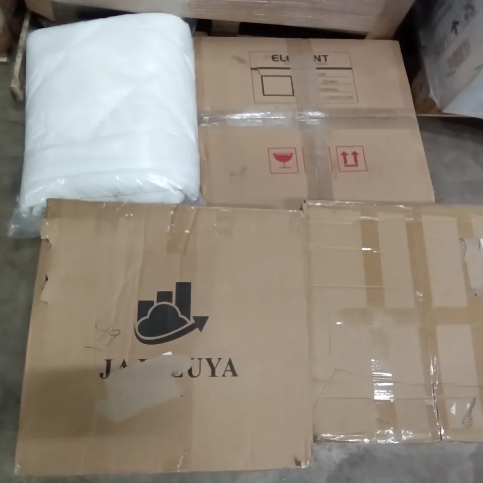 PALLET OF ASSORTED ITEMS INCLUDING JAJALUYA OFFICE CHAIR, ELEGANT LED MIRROR, YONISEE OFFICE CHAIR, TOWER FAN COOLING FAN, DUVET