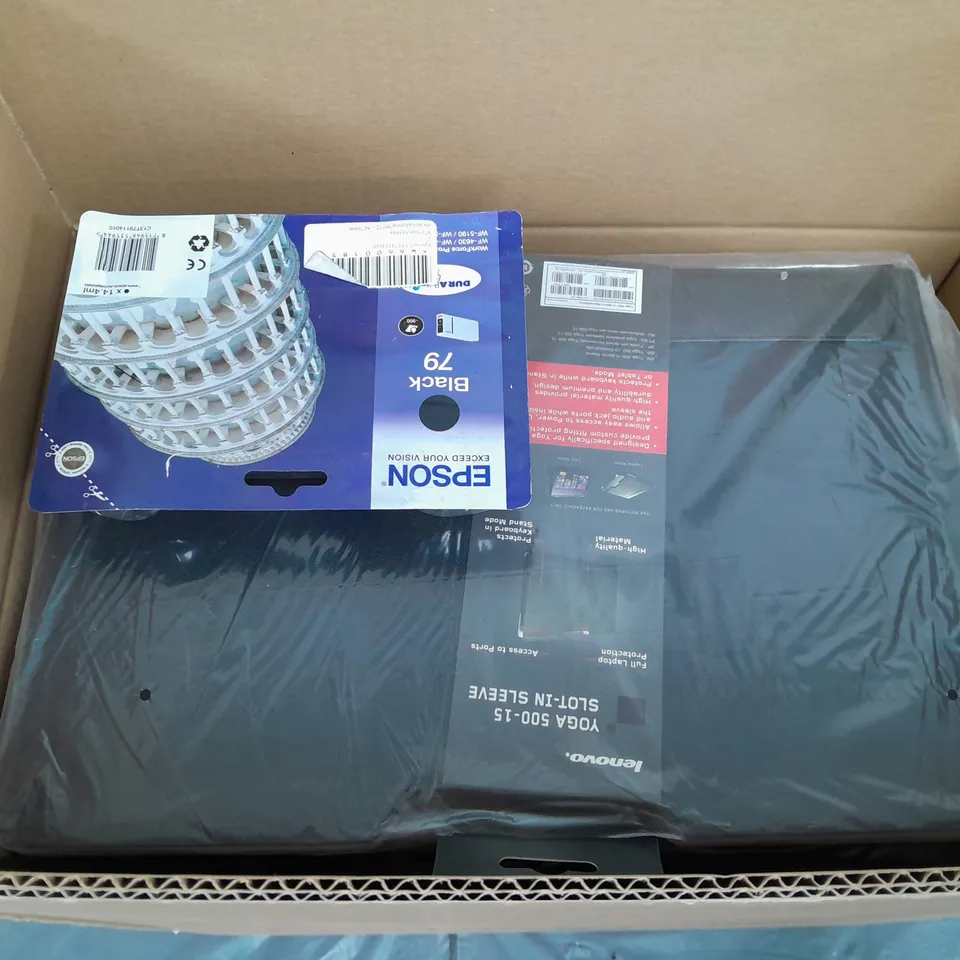 BOX OF ASSORTED ELECTRICAL ITEMS TOO INCLUDE LENOVO SLOT IN SLEEVES , MICROSOFT TYPE COVER , ETC 