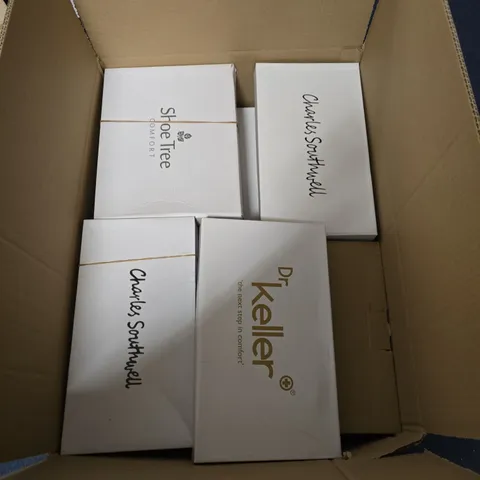 BOX OF APPROXIMATELY 11 ASSORTED PAIRS OF SHOES IN VARIOUS STLYES , COLOURS AND SIZES 