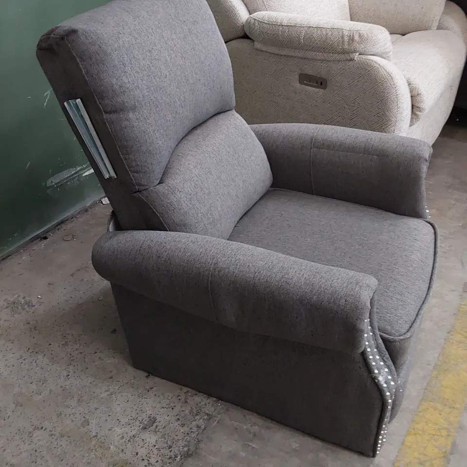DESIGNER PUSH BACK RECLINING EASY CHAIR GREY FABRIC STUDDED DETAIL 