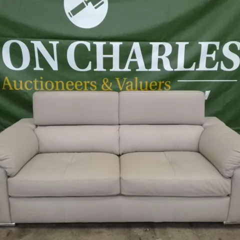 QUALITY DESIGNER 3 SEATER SOFA - LIGHT GREY LEATHER