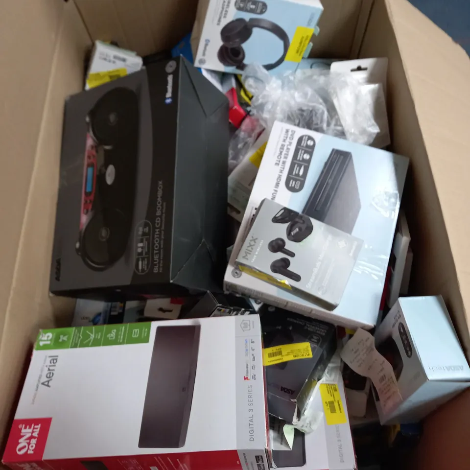 BOX OF ASSORTED ELECTRONICAL ITEMS TO INCLUDE RADIOS, AERIALS, EARPHONES ETC - COLLECTION ONLY 