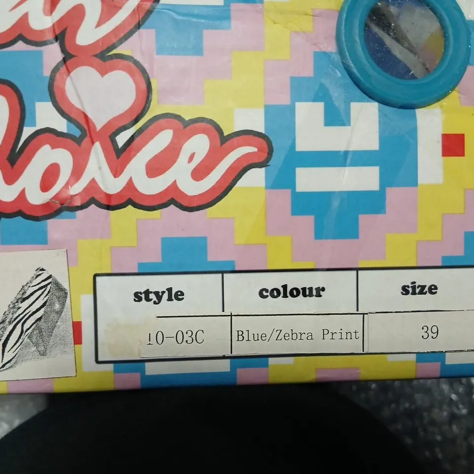 IRREGULAR CHOICE WOMEN'S ZEBRA PRINT HIGH HEEL SHOES – BLUE TOE CAP, RED TASSELS (UK 6.5 / EU 39)