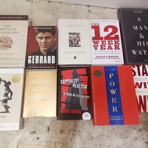 CAGE OF ASSORTED BOOKS BY STEVEN GERRARD, MATT HRANEK, ROBERT GREENE, DAVID FOSTER WALLACE, PETER WOHLLEBEN, NICK LAND