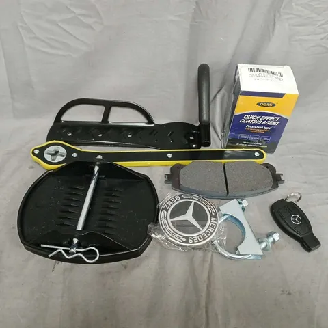 APPROXIMATELY 10 ASSORTED VEHICLE PARTS & ACCESORIES TO INCLUDE QUICK EFFECT COATING AGENT, BRAKE PADS, MERC KEYS, ETC