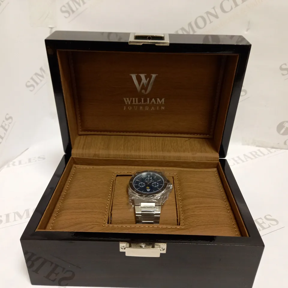 WILLIAM JOURDAIN DETAIL BEZEL TRIPLE DIAL BLUE-GREY FACE BRACELET STRAP WATCH