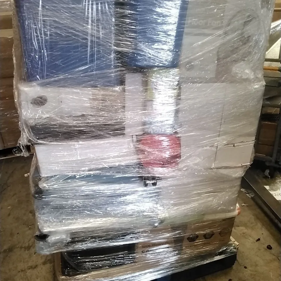 A PALLET CONTAINING A LARGE QUANTITY OF ASSORTED HOUSEHOLD GOODS WHICH INCLUDE; AIRFRYERS, SUITCASES, COOLERS,FANS, CAMPING WAGON ETC