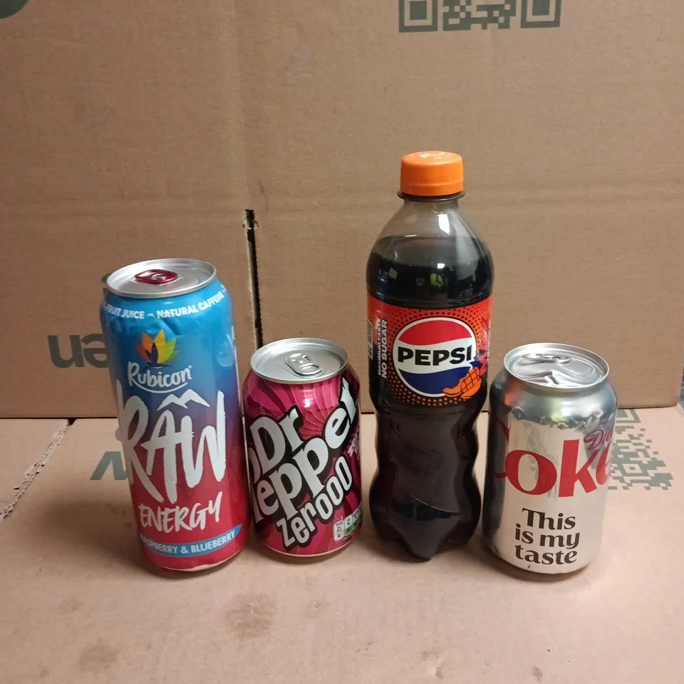 APPROXIMATELY 15 ASSORTED DRINK ITEMS TO INCLUDE - RUBICON RAW ENERGY, PEPSI MAX TROPICAL AND DR PEPPER ZEROOO