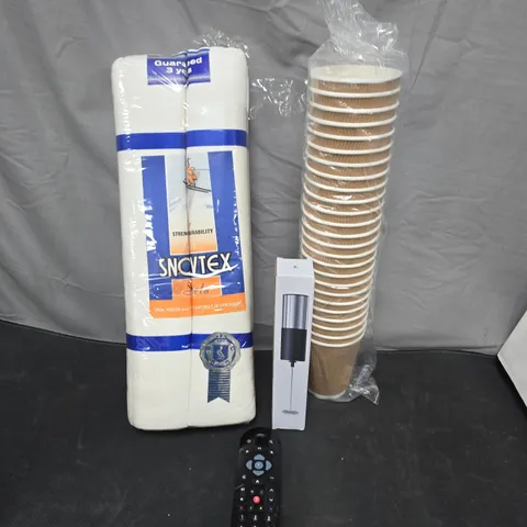 BOX OF APPROXIMATELY 15 ASSORTED HOUSEHOLD ITEMS TO INCLUDE SKY REMOTE CONTROL, MILK FROTHER AND PAPER CUPS