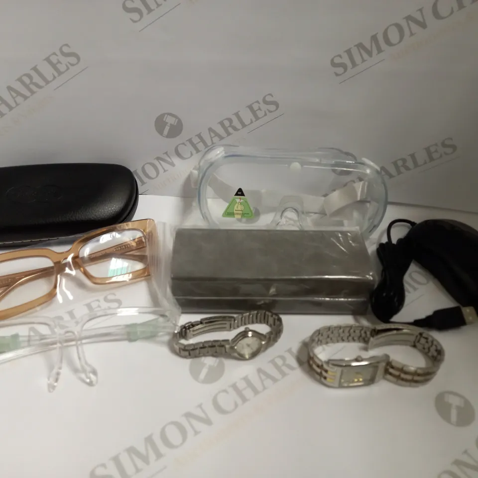 BOX OF APPROX 10 ITEMS INCLUDING ASSORTED GLASSES, WATCHES AND KENSINGTON WIRED MOUSE