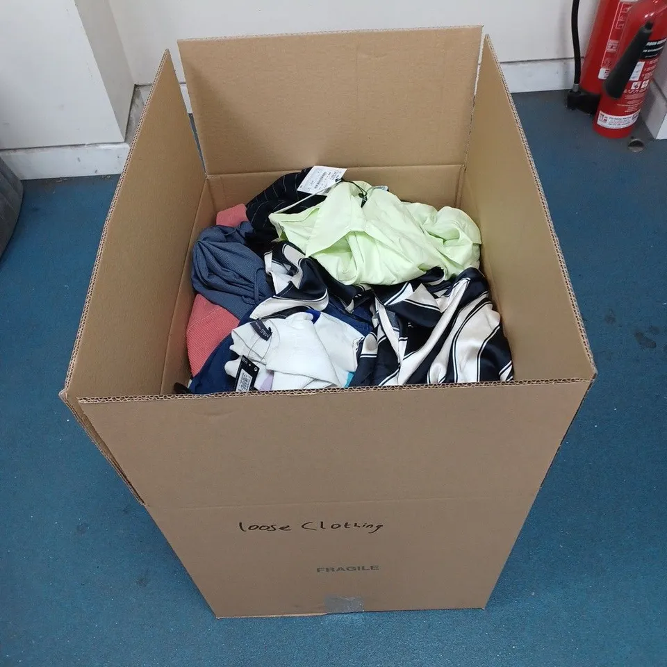 LARGE BOX OF APPROIXMATELY 50 CLOTHING ITEMS TO INCLUDE: M&S, H&M & ZARA IN VARIOUS COLOURS & SIZES 