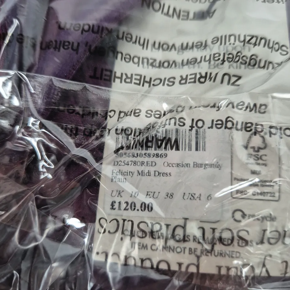 BAGGED NOBODYS CHILD FELICITY MIDI DRESS – BURGUNDY, UK 10 (EU 38)