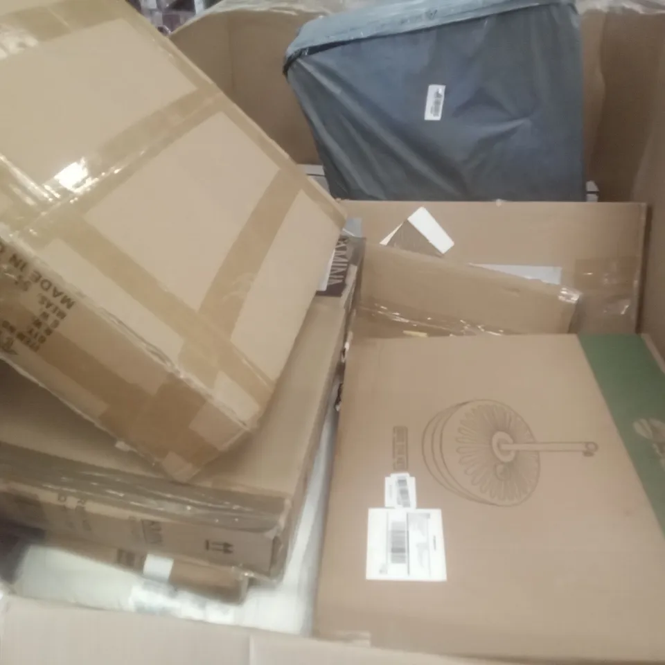 PALLET OF ASSORTED ITEMS INCLUDING OFFICE CHAIR, HOMIDEC DRYING RACK, BED RAIL GUARD, HANDIFE DRYWALL SANDER, SIDE TABLE, SEKEY PARASOL BASE
