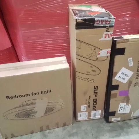 PALLET OF ASSORTED HOUSEHOLD GOODS AND PRODUCTS TO INCLUDE;BEDROOM FAN LIGHT,TRAMPOLINE,SUP BOARD