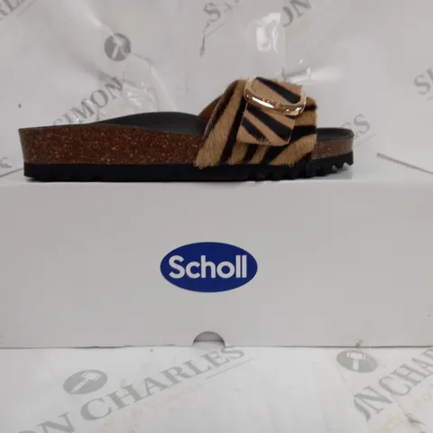 BOXED PAIR OF SCHOLL SANDALS LEATHER SOLE FURY STRIPED STRAP IN BROWN SIZE EU 35