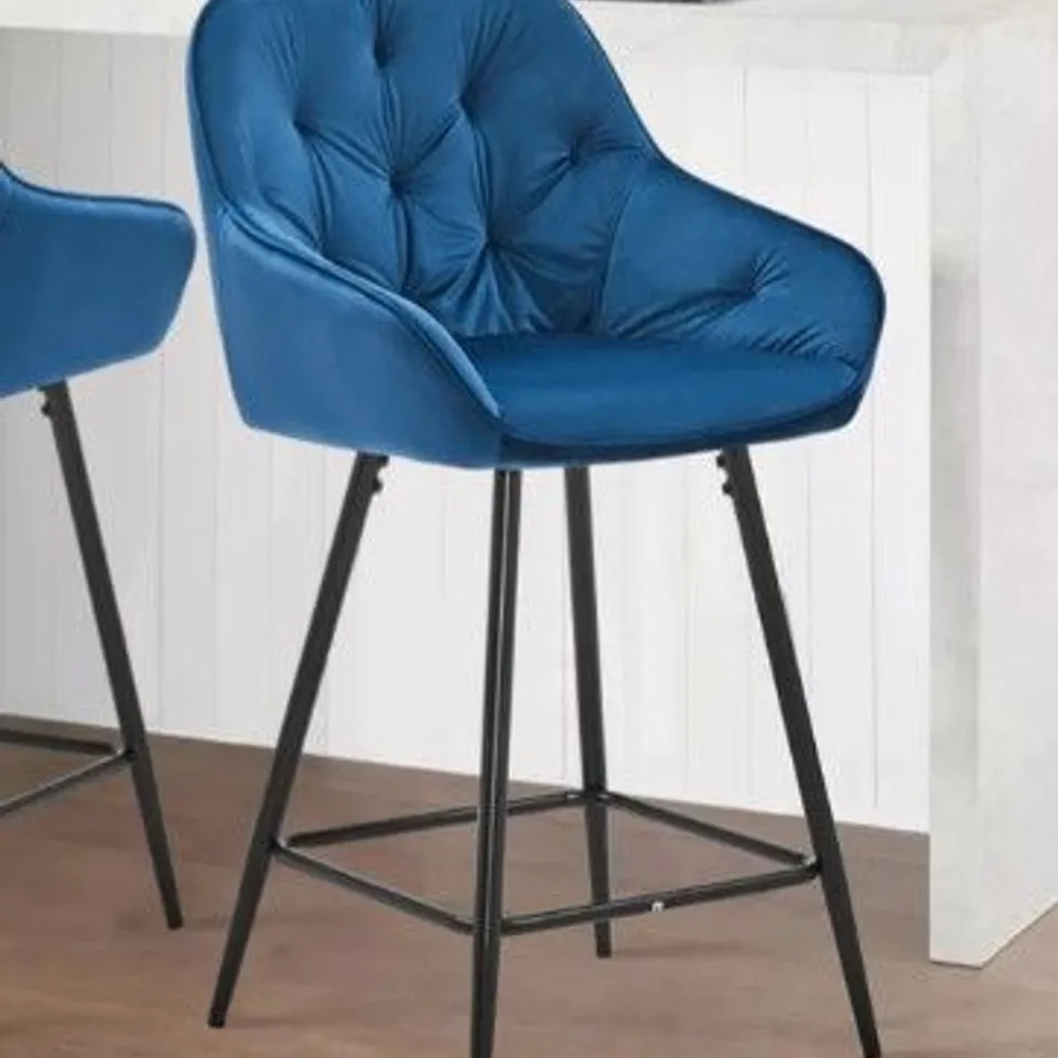 BOXED PAIR OF GARVIES BLUE VELVET BAR STOOLS