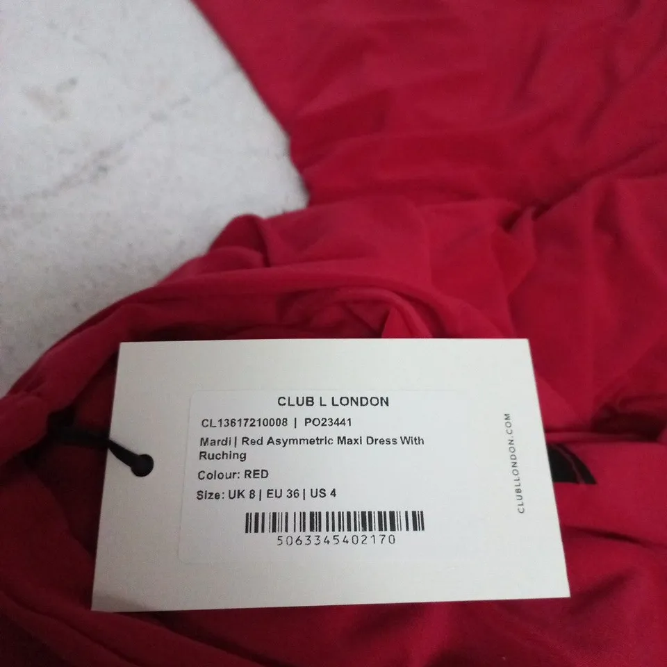 CLUB L LONDON RED ASYMMETRIC MAXI DRESS WITH RUCHED DETAILING – UK 8