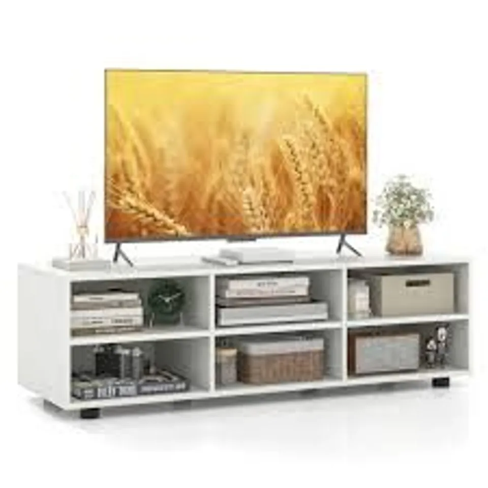 BOXED COSTWAY 6-CUBBY TV STAND TV CONSOLE TABLE WITH ADJUSTABLE SHELVES - WHITE