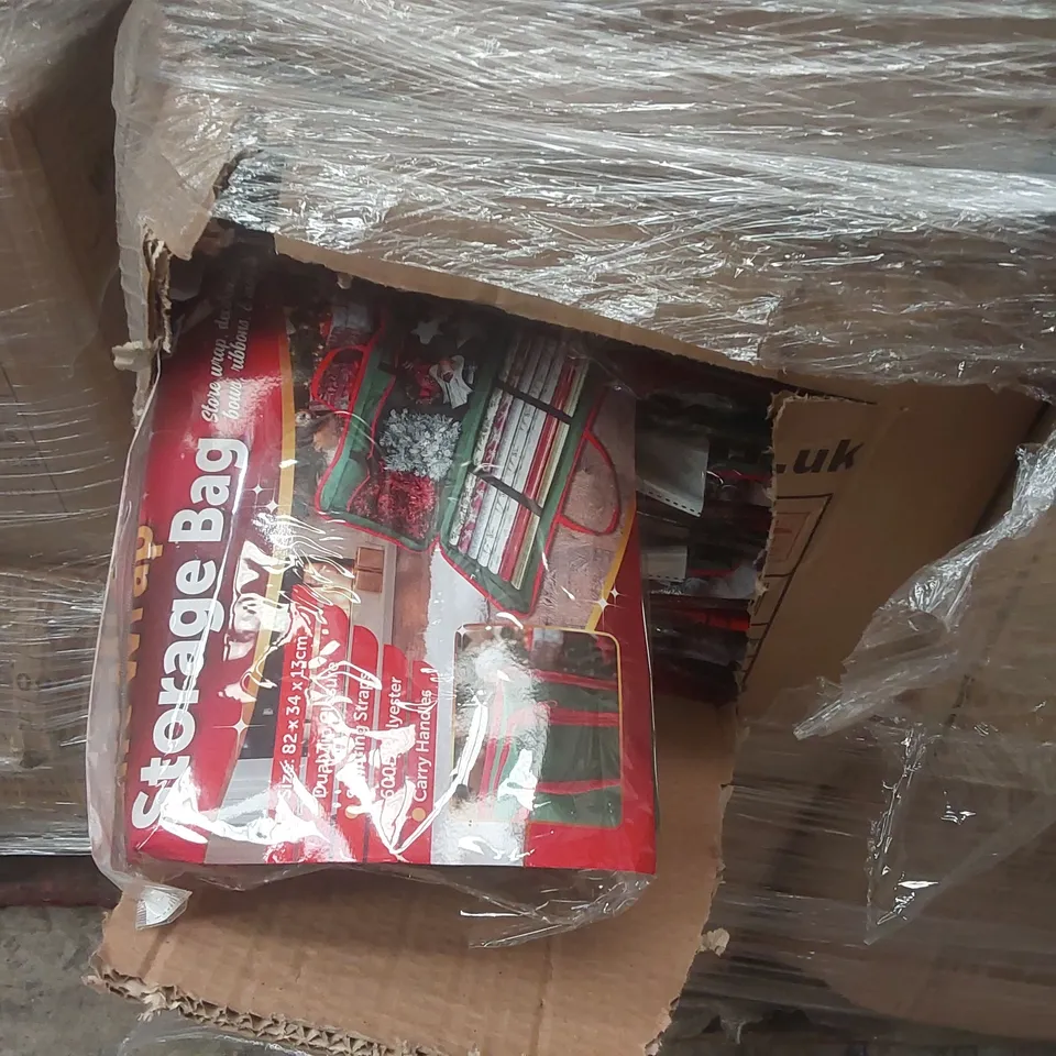 PALLET CONTAINING A VERY LARGE QUANTITY OF ASSORTED ITEMS INCLUDING: CHRISTMAS TRAINS, CHRISTMAS STORAGE BAGS, CHRISTMAS LETTER RACKS, LIGHT UP PENGUINS ECT