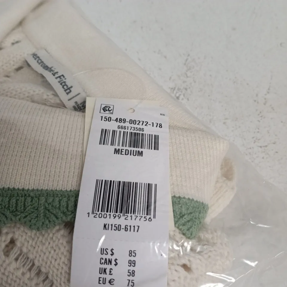 ABERCROMBIE & FITCH CARDIGAN, CREAM KNIT WITH GREEN TRIM, UK M (MEDIUM)