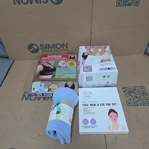 BOX OF APPROXIMATELY 20 ASSORTED HOUSEHOLD ITEMS TO INCLUDE COMFORTISSE PUSH BRA SET, SUPPORT AND POSTURE BRA, WELLIE SOCKS, FACE MASK AND EYE PAD SET ETC