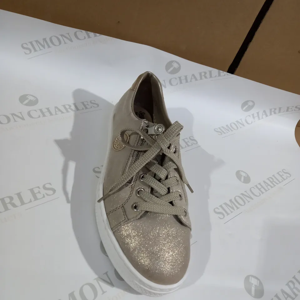 BOXED PAIR OF RIEKER GOLD METALLIC TRAINERS - SIZE 6