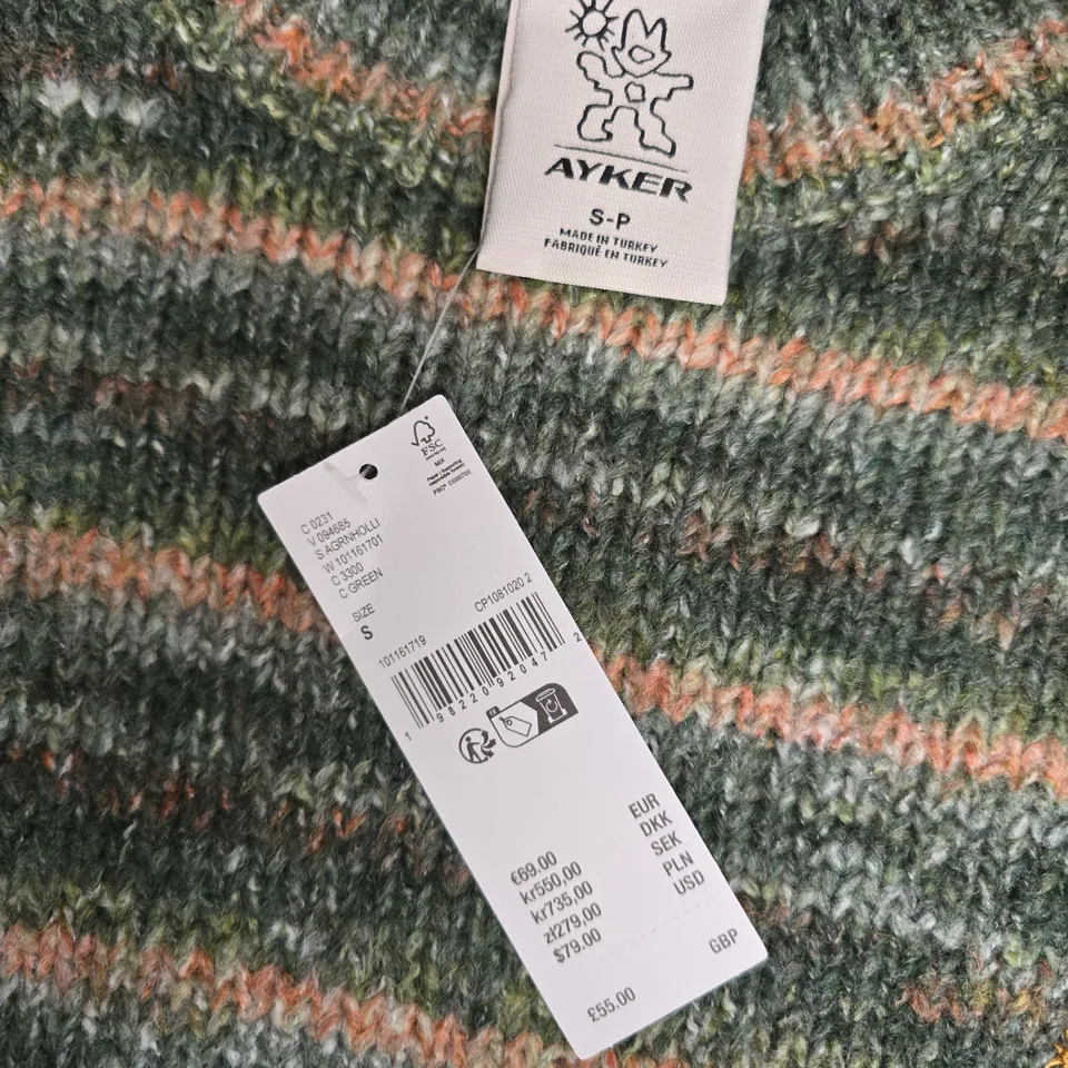 AYKER KNIT SWEATER – GREEN STRIPED, SIZE S