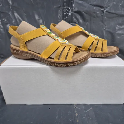 BOXED PAIR OF RIEKER BEADED SANDALS IN YELLOW SIZE 3.5