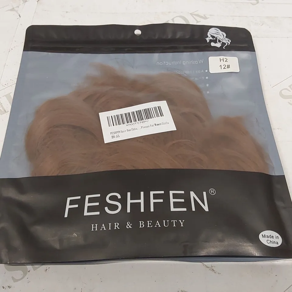 BOX CONTAINING APPROXIMATELY 100 FESHFEN BROWN HAIR BUN EXTENSIONS