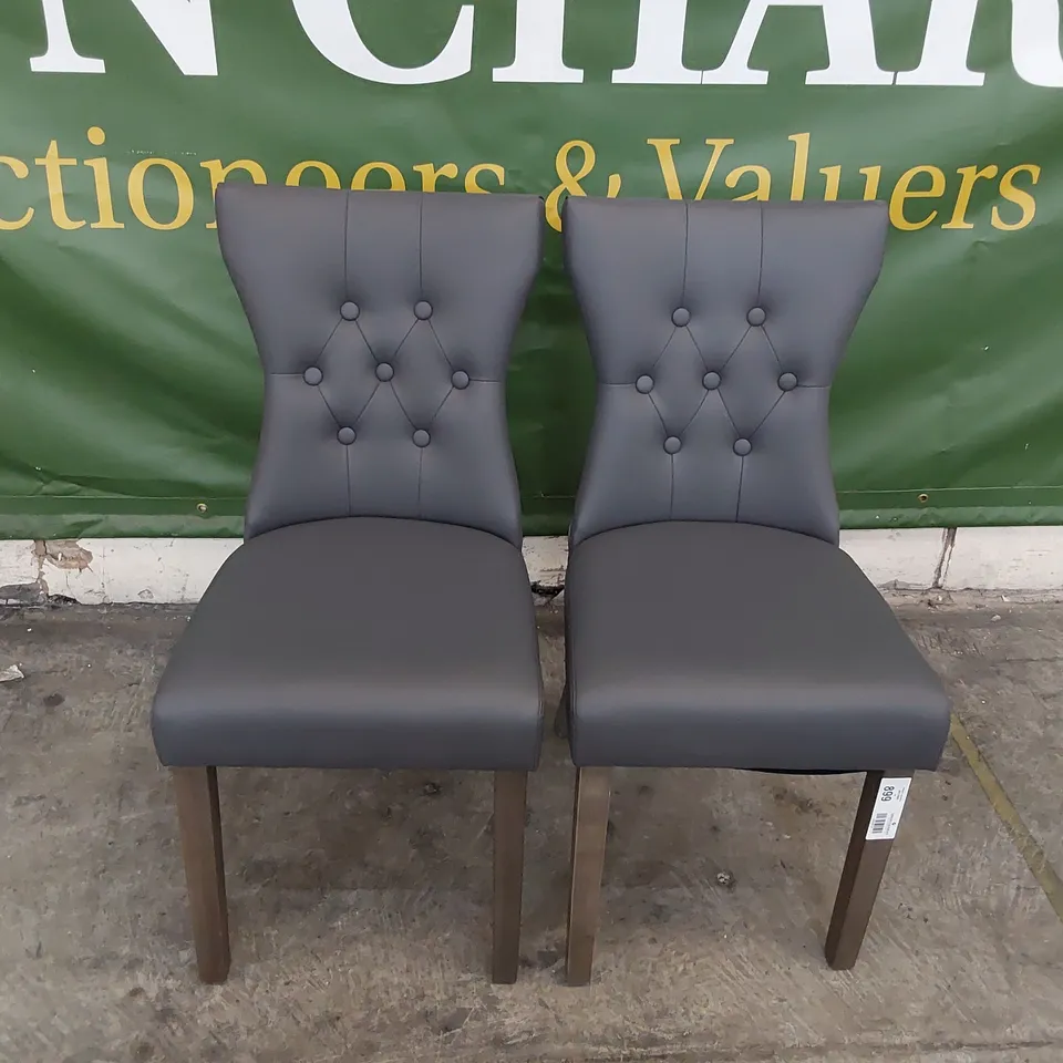PAIR UPHOLSTERED BUTTONED BACK DINING CHAIRS GREY PU ON SILVERED LEGS 