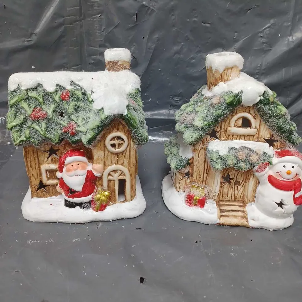 FESTIVE SET OF 2 LIT CERAMIC SANTA/SNOWMAN HOUSE CHRISTMAS DECORATIONS 