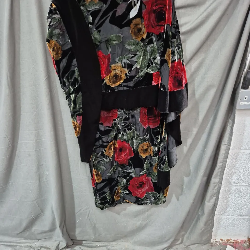 Frank Lyman Floral Print Dress with Velvet Trim – Black with Red & Gold Roses, UK Size 10