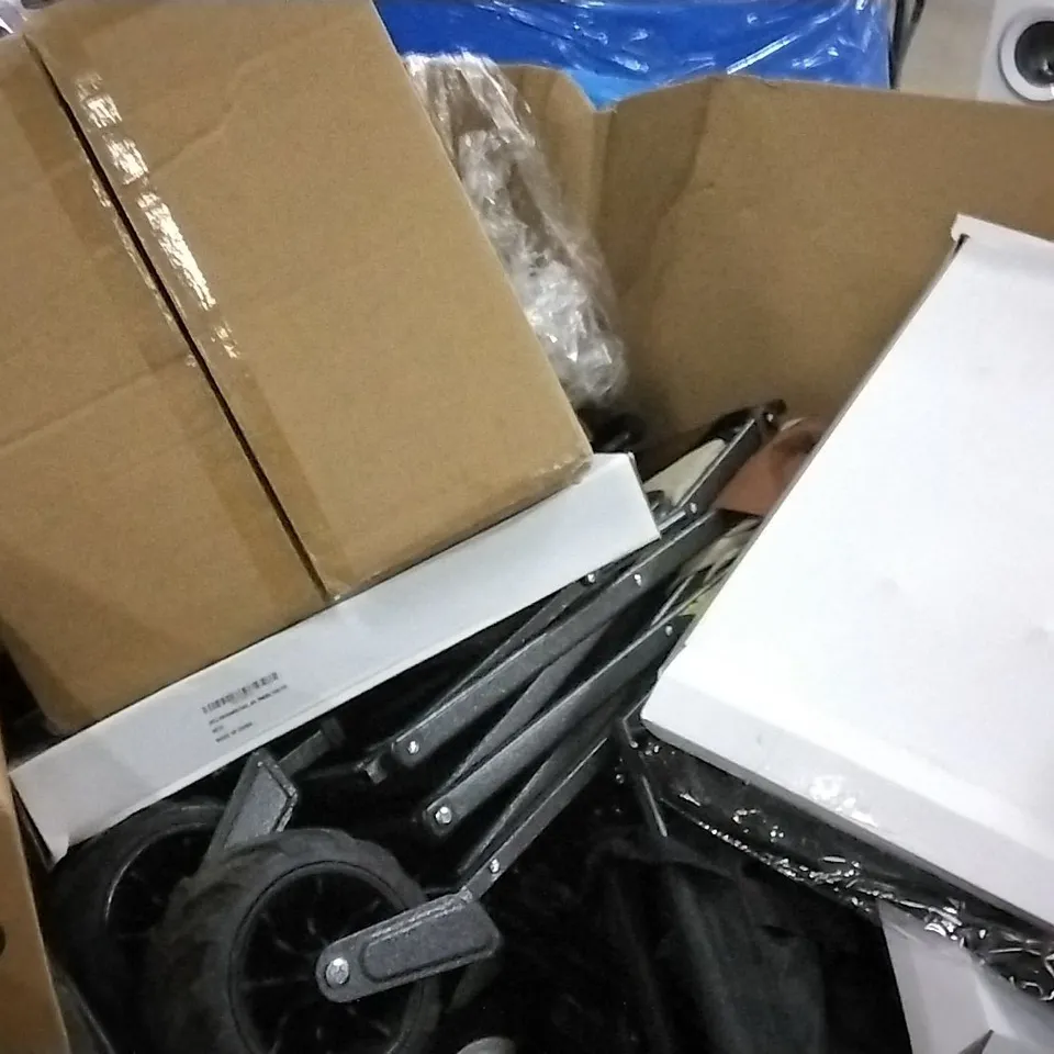 PALLET OF ASSORTED ITEMS INCLUDING STORAGE BAG , STACKABLE STORAGE CONTAINERS,  LED BLACK TREE DECOR,  GARDEN WIRE 