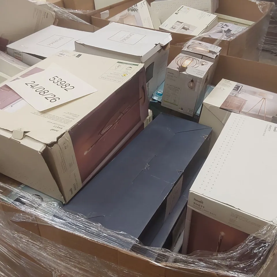 PALLET CONTAINING A VERY LARGE QUANTITY OF ASSORTED DESIGNER LIGHTING PRODUCTS INCLUDING: PERRY BAR CEILING LIGHT, RHETT FLOOR LAMP BASE, PORTIA FLOOR LAMP, DORMA NICKSON TABLE LAMP, CHURCHGATE 3 BAR