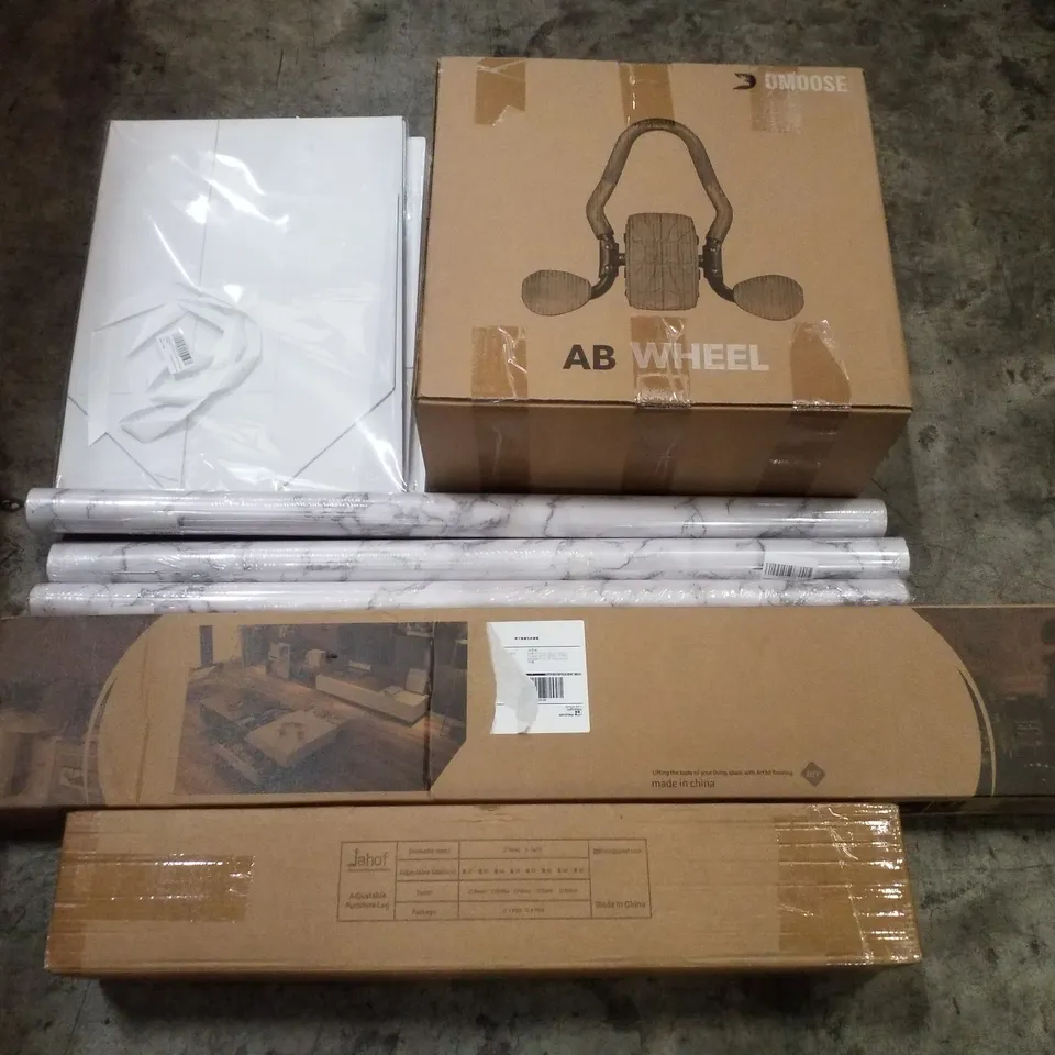 PALLET CONTAINING ASSORTED PRODUCTS INCLUDING AB WHEEL, MARBLE EFFECT WALLPAPER, VINYL FLOORING PLANKS, GIFT BOXES