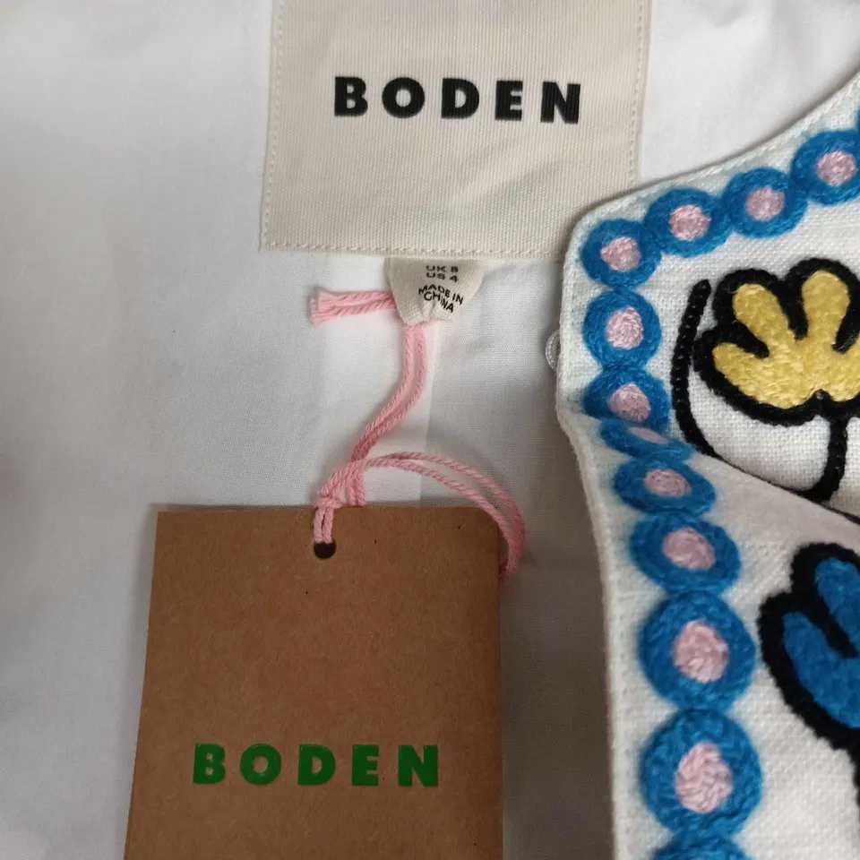 BODEN WOMEN'S EMBROIDERED JACKET – UK 8 – WHITE WITH COLORFUL FLORAL EMBROIDERY