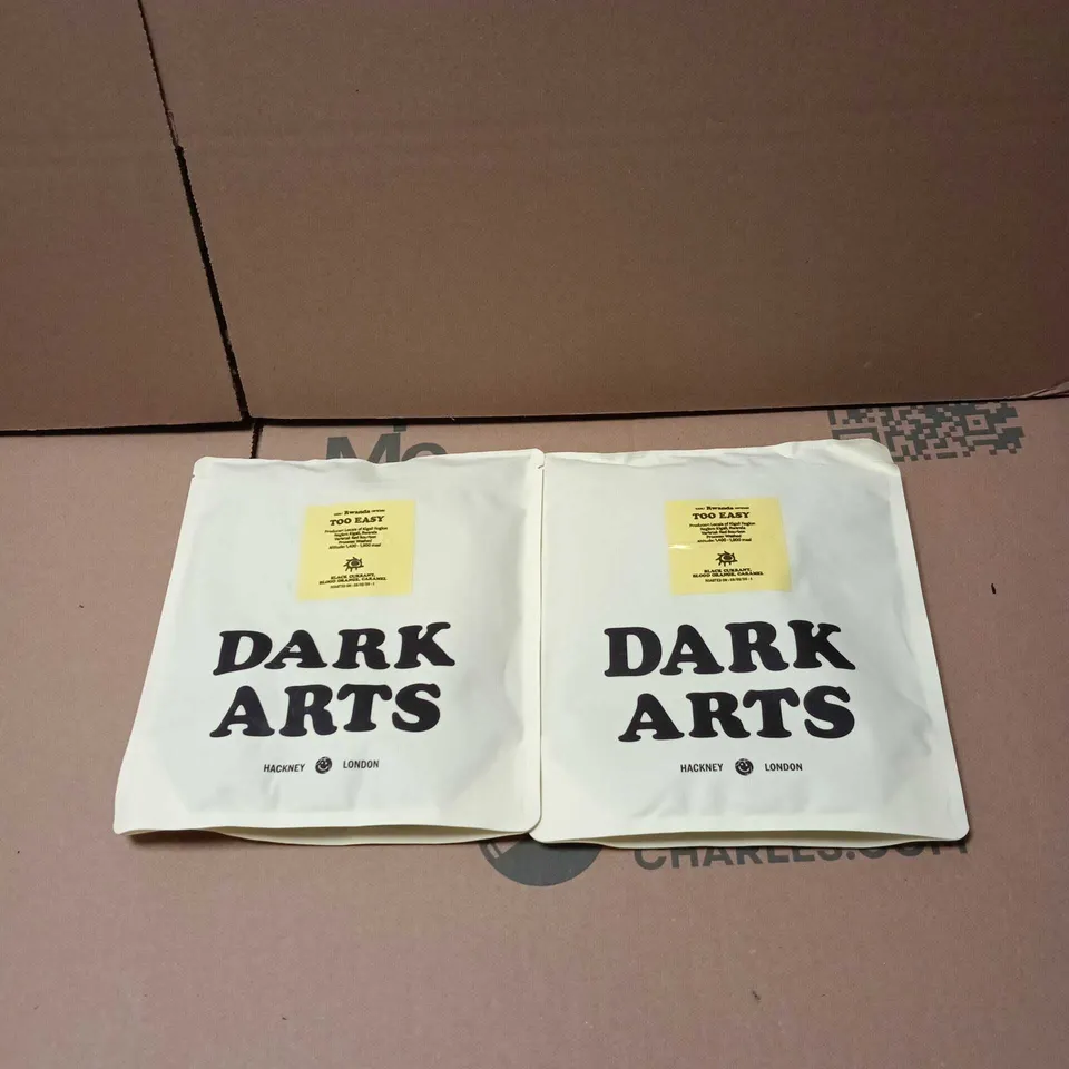 2 X DARK ARTS LONDON COFFEE POUCHES: BLACK CURRANT/BLOOD ORANGE/CARAMEL. RWANDA
