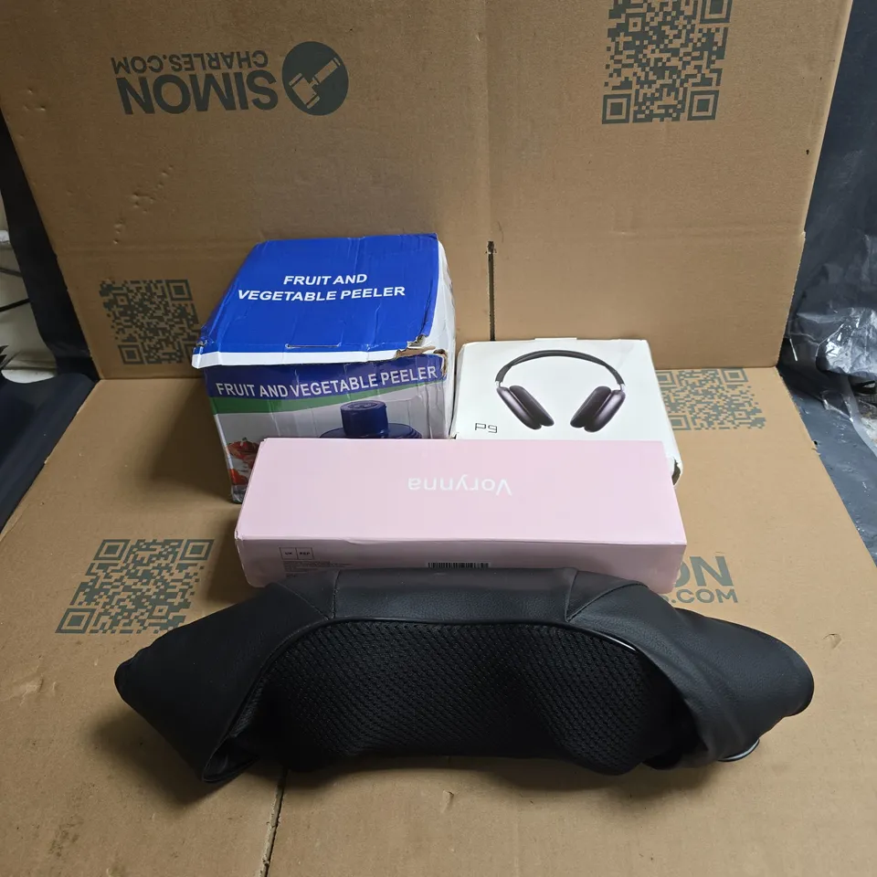 BOX OF APPROXIMATELY 15 ASSORTED HOUSEHOLD ITEMS TO INCLUDE P9 HEADPHONES, VORYNNA, FRUIT AND VEGETABLE PEELER, MASSAGER ETC