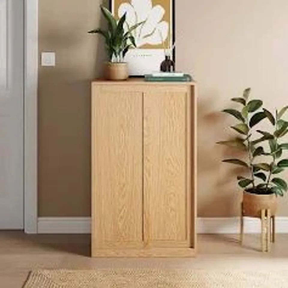 BOXED ELOISE SLIDING SHOE STORAGE CABINET - LIGHT OAK (1 BOX)