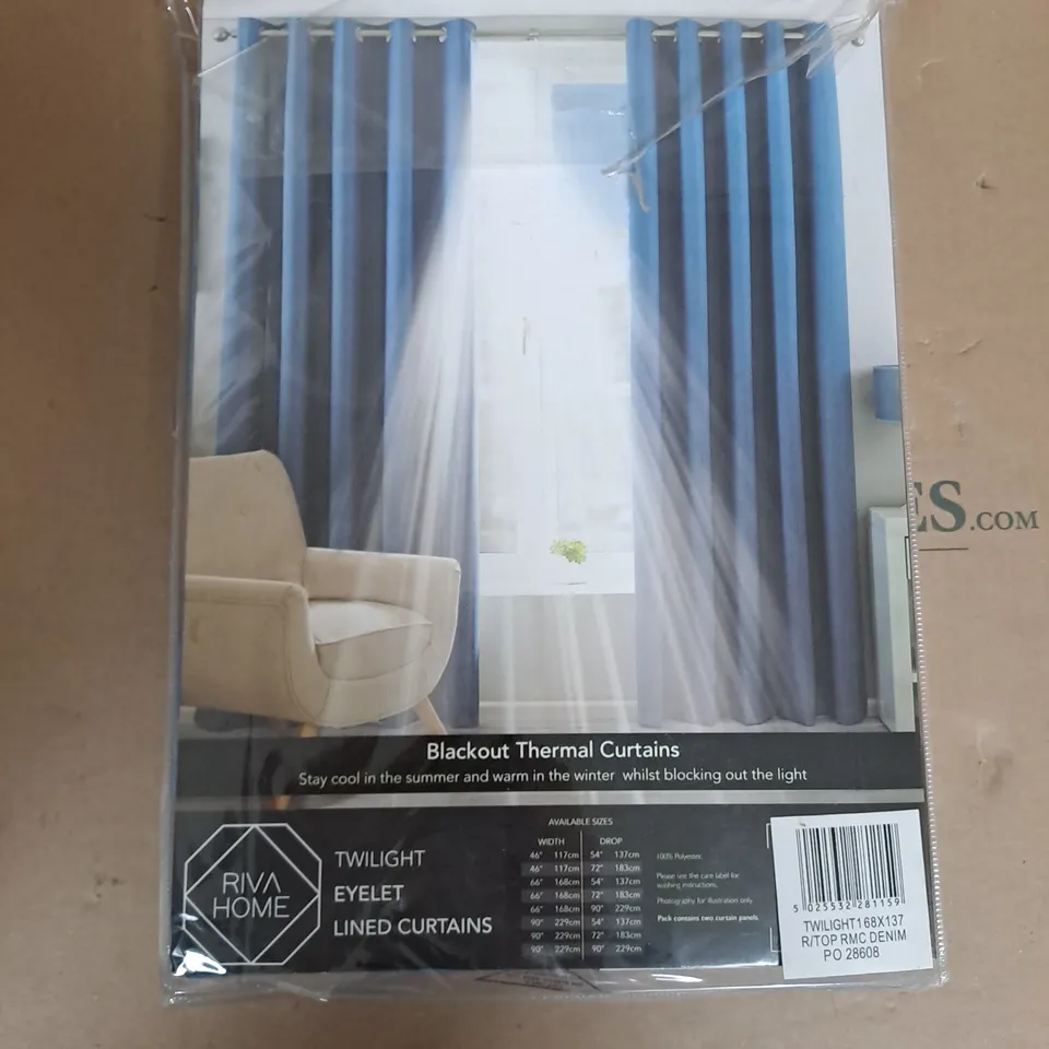 TWILIGHT BLACKOUT EYELET LINED CURTAINS IN BLUE - W 66" / D 54"