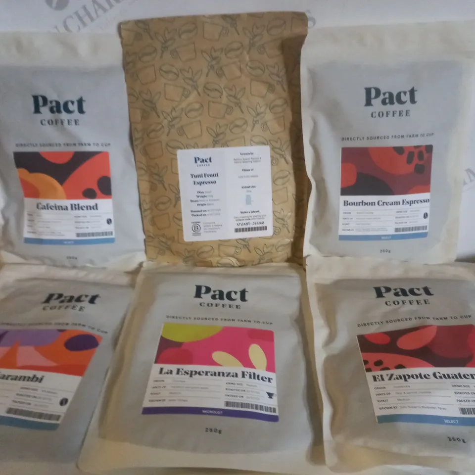BOX OF APPROX 8 ASSORTED PACT COFFEE PRODUCTS TO INCLUDE BOURBON CREAM ESPRESSO, CAFEINA BLEND, KARAMBI, ETC 