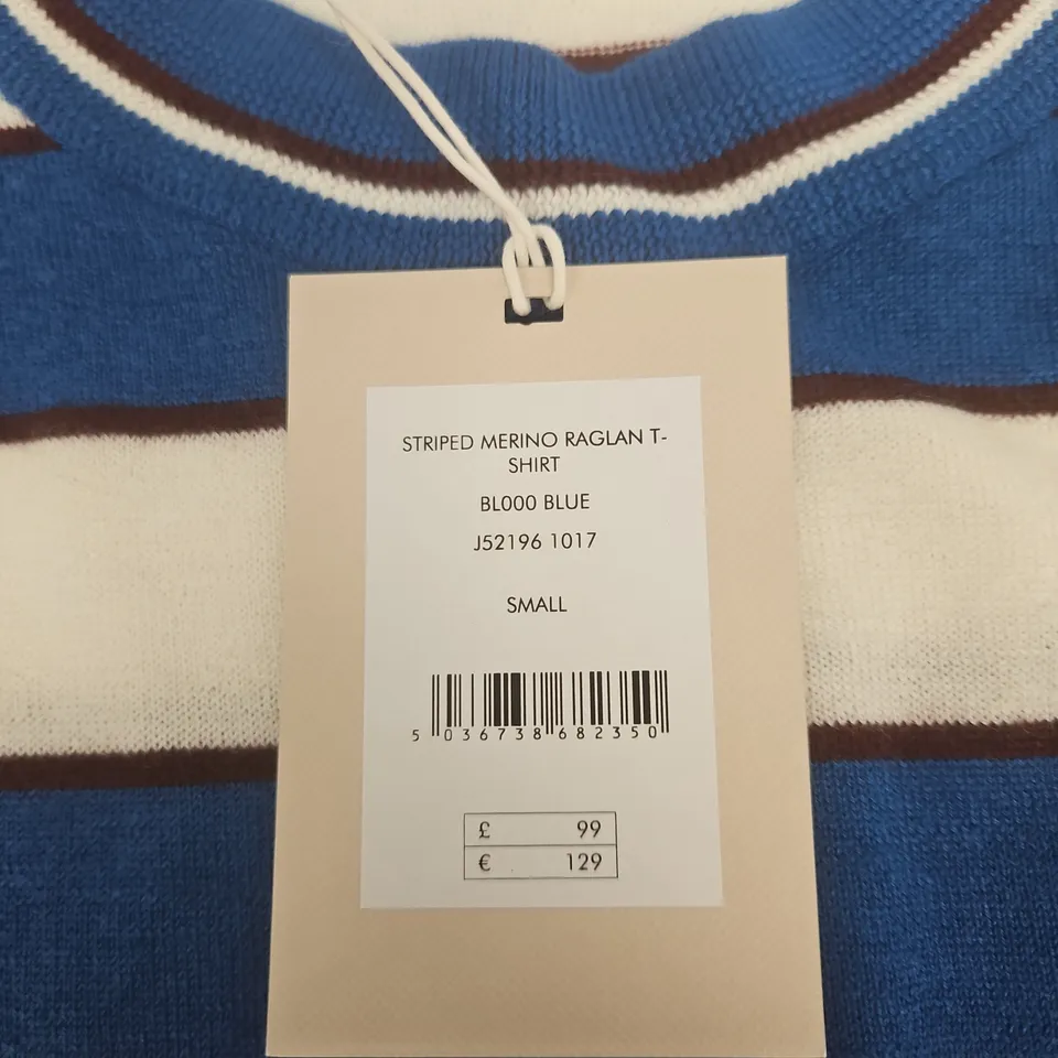 JIGSAW STRIPED MERINO RAGLAN T-SHIRT – BLOOD BLUE, UK S (S)
