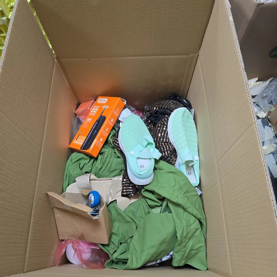 BOX OF ASSORTED HOUSEHOLD ITEMS INCLUDING WHITE OVER-EAR HEADPHONES, OUD ROMANCEA AIR FRESHENER, MOSAIC GLASS , PLUS CLOTHING & TURQUOISE SNEAKERS
