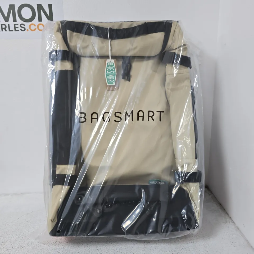 BAGSMART WHEELED BACKPACK – BEIGE WITH BLACK ACCENTS (IN PLASTIC SEALED)