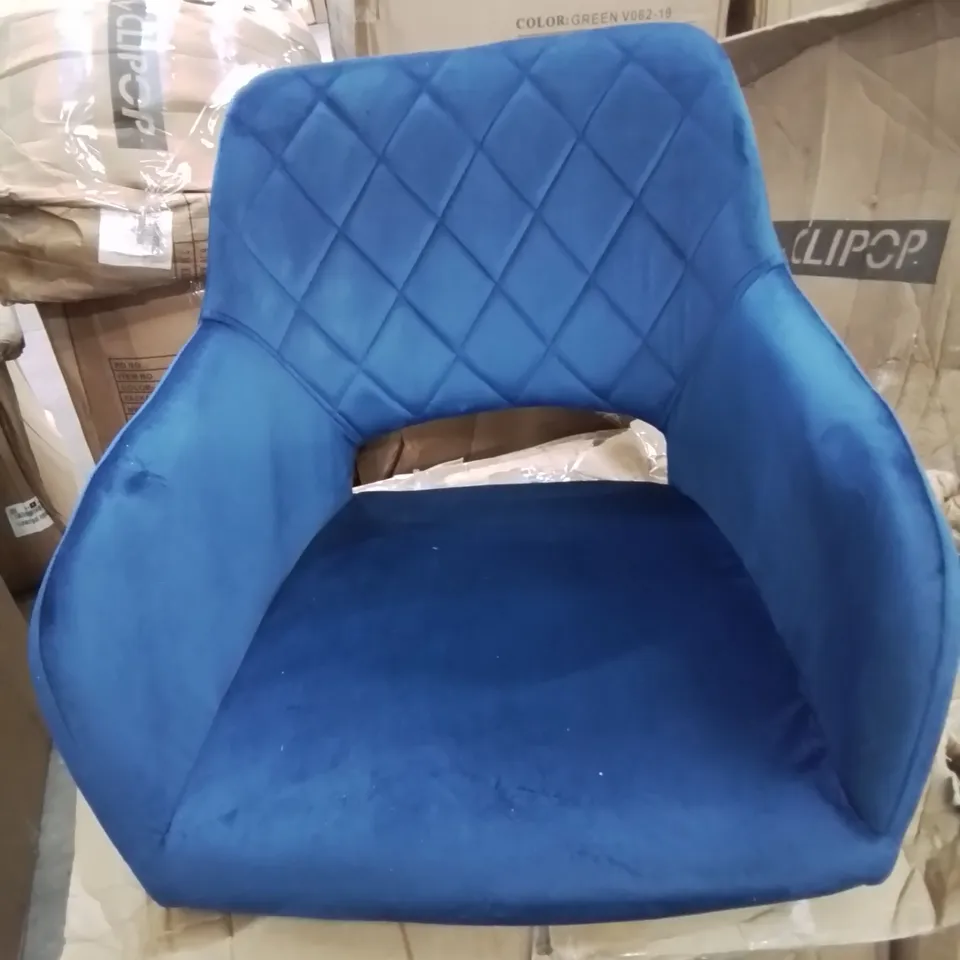 A BOXED PAIR OF BLUE VELVET UPHOLSTERED DINING ROOM CHAIRS 